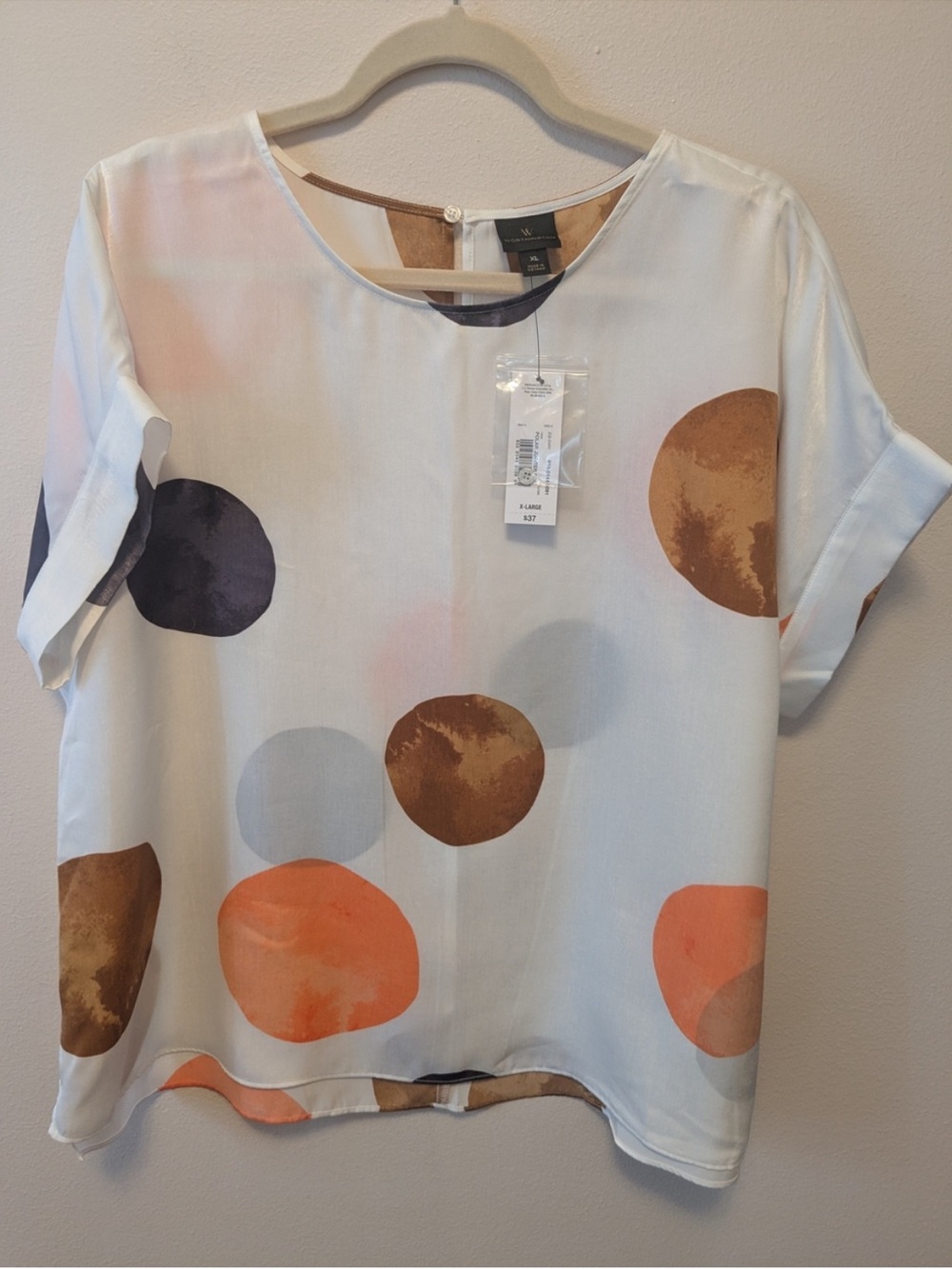 Worthington abstract polka dot short sleeve satin blouse